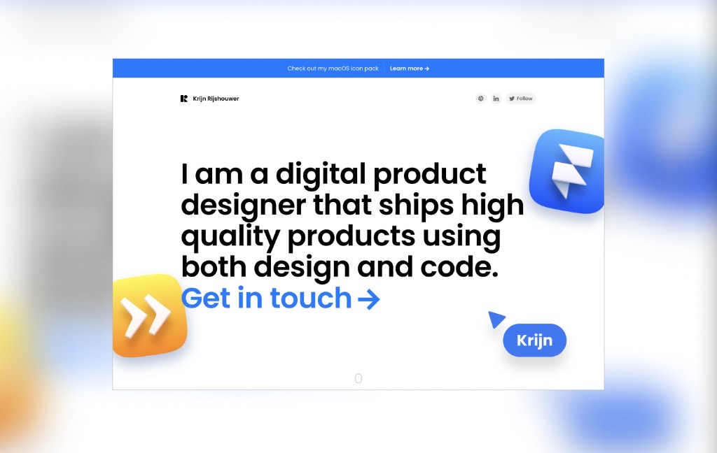 Krijn Rijshouwer portfolio hero with bold headline and 3D icons